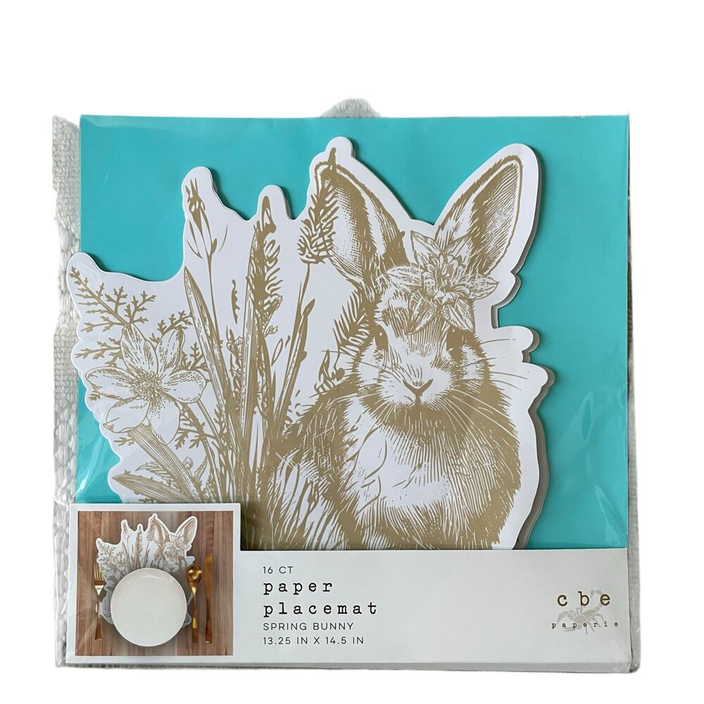 16pc Spring Bunny Paper Placemats 13x14 White & Gold Easter NEW